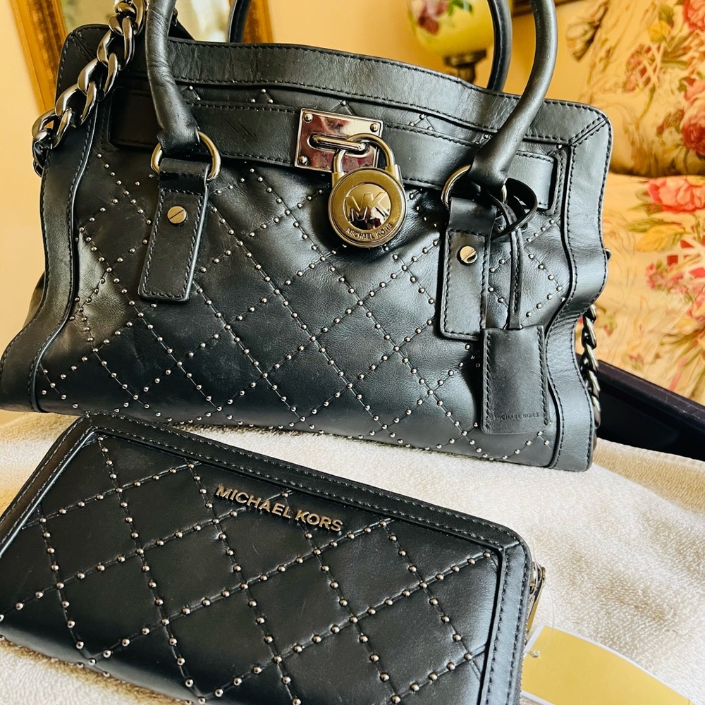 Michael Kors Black Quilted Satchel with Studded Details